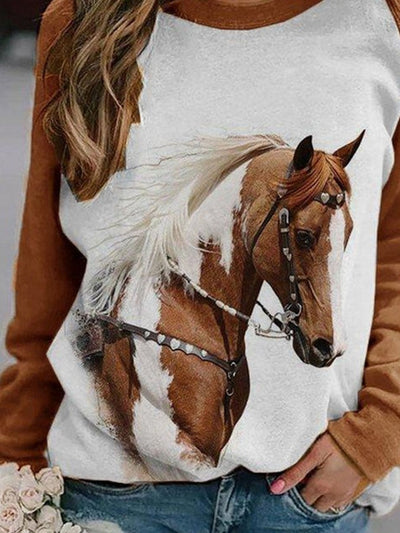 Colorblock Horse Print Long Sleeve Sweatshirt