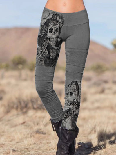 Skull girl punk print casual stretch pants