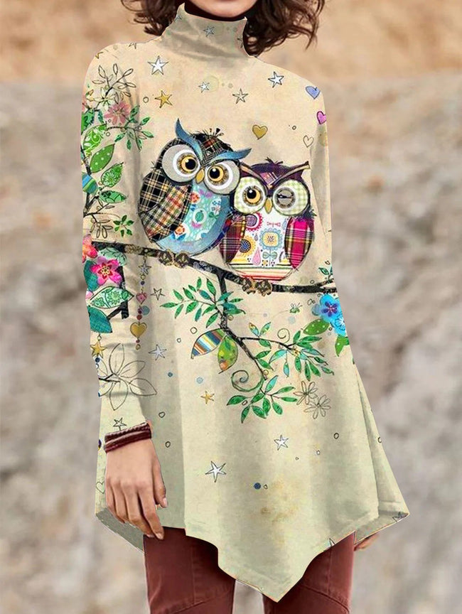 Women's owl Print  Asymmetrical Turtleneck Tunic Tops