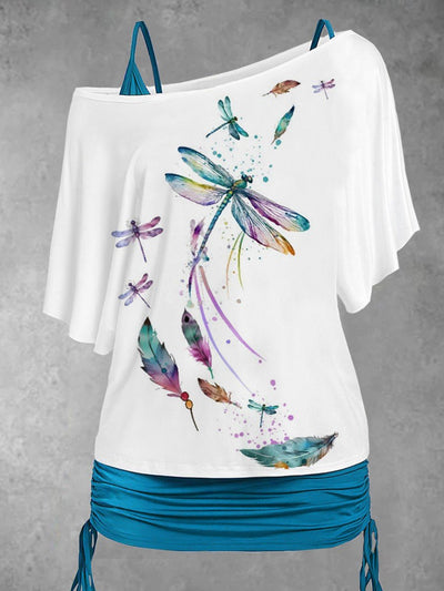 Women's Dragonfly Feather Art Printing Dolman Sleeve Casual Two Piece Suit Top