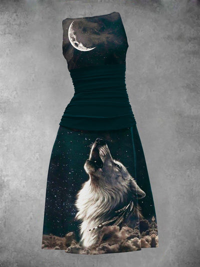 Women's Wolf Vintage Print Casual Maxi Dress