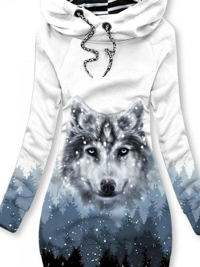 Women's Winter Wolf Print Casual Sports Hooded Sweatshirt Dress