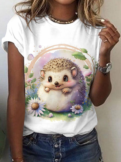 Women's Summer Hedgehog Print Short Sleeve T-Shirt