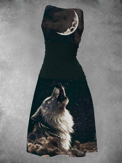 Women's Wolf Vintage Print Casual Maxi Dress