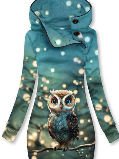 Women's Winter Cute Owl Art Pattern Hooded Sweatjacke
