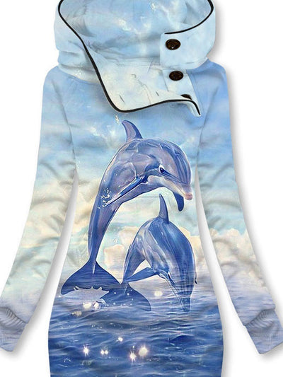 Women's Winter Dolphin Print Casual Sports Hooded Dress