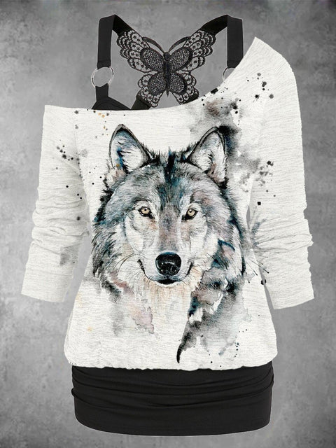 Women's Wolf Art Design Two Piece Suit Top