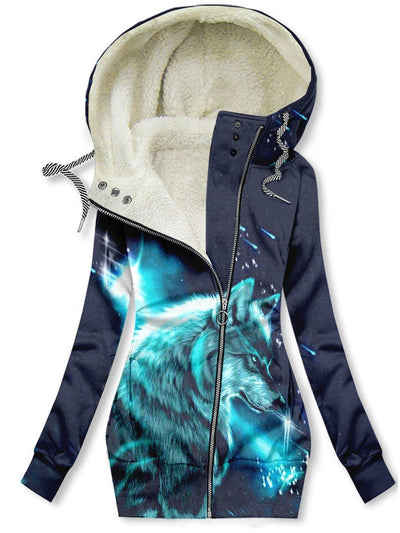 Women's Winter Vintage Wolf Print Casual Fleece Track Jacket