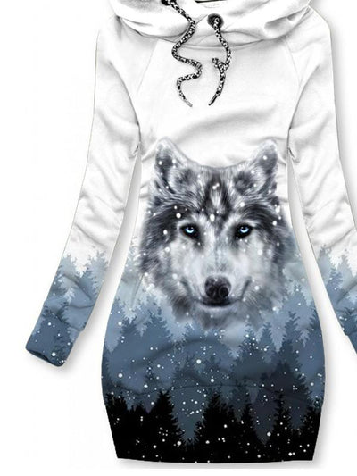 Women's Winter Wolf Print Casual Sports Hooded Sweatshirt Dress