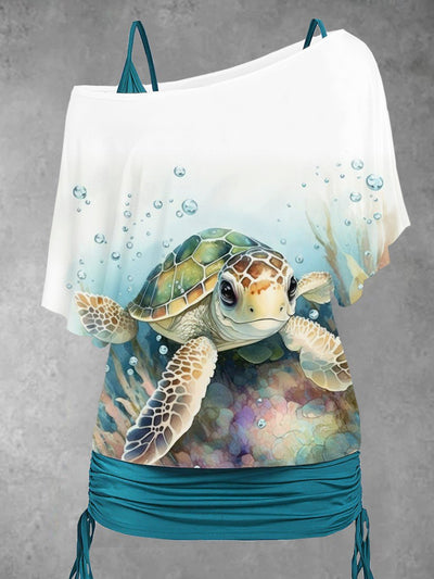 Women's Sea Turtle Art Printing Dolman Sleeve Casual Two Piece Suit Top
