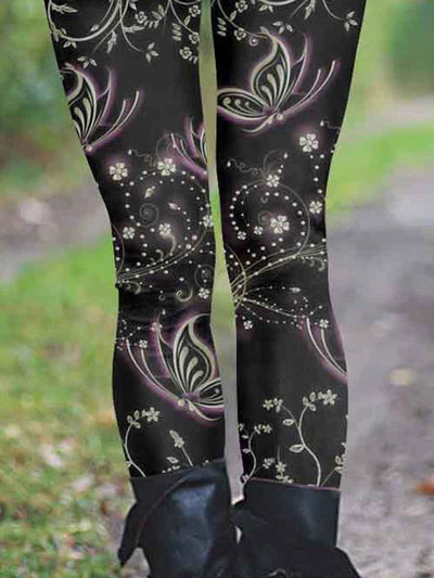 Women's Vintage Floral Butterflies Pattern Printed Casual Tight Leggings