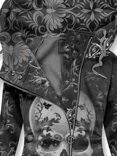 Women's Vintage Skull Floral Pattern Printed Hooded Sweatjacke