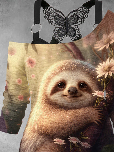 Women's Cute Sloth Art Design Casual Two Piece Suit Top