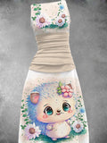 Women's Summer Vintage Hedgehog Print Long Dress