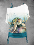 Women's Sea Turtle Art Printing Dolman Sleeve Casual Two Piece Suit Top