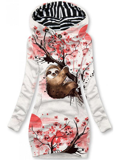 Women's Sakura sloth Art Print Casual Hoodie