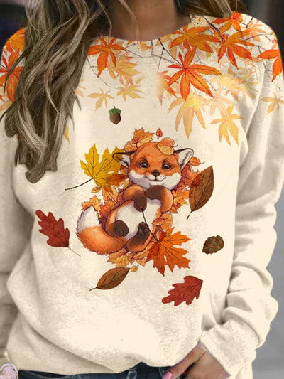 Women's Autumn And Winter Maple Leaves Cute Fox Casual  Sweatshirt