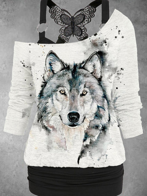 Women's Wolf Art Design Two Piece Suit Top