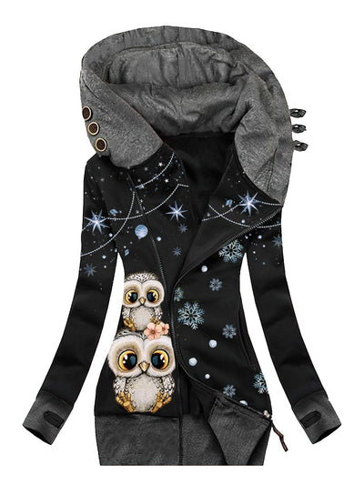 Women's Winter Snowflake Owl Casual Sweatjacken