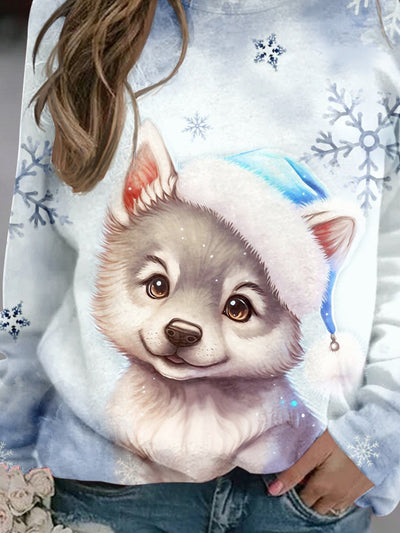 Winter Snowflake Wolf Casual Print Sweatshirt