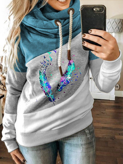 Women's Feather Pattern Colorblock Casual Hoodie