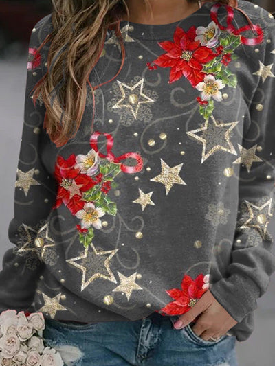 Women's Christmas Flower Round Neck Plaid Casual Sweatshirt