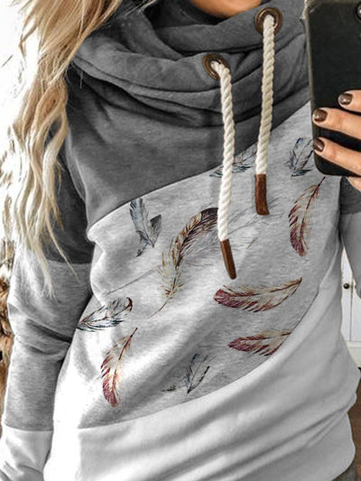 Women's Feather Pattern Colorblock Casual Hoodie