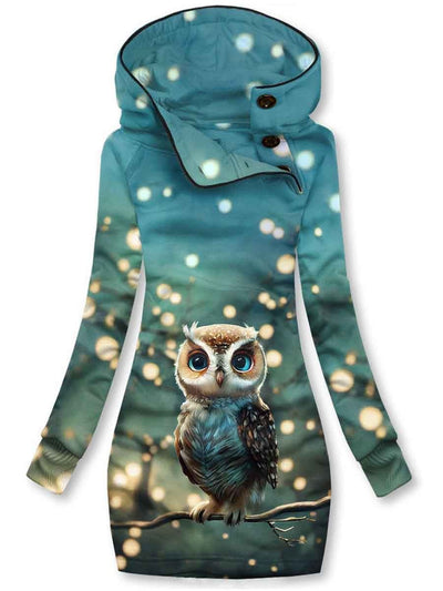 Women's Winter Cute Owl Art Pattern Hooded Sweatjacke