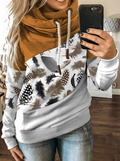 Women's Feather Print Panel Casual Hoodie