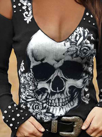 Women's Vintage Punk Skull Art Printed Long Sleeve Shirt