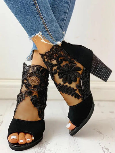 See Thru Mesh Embroidery Flower Leave Sandals Zipper Thick Heels Sandals