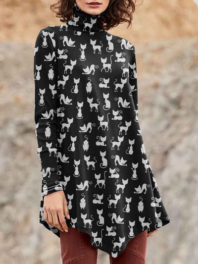 Women's Cat Silhouette Print Casual Turtleneck Top