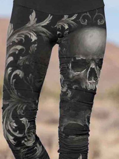 Vintage Punk Skull Pattern Printed Casual Tight Leggings