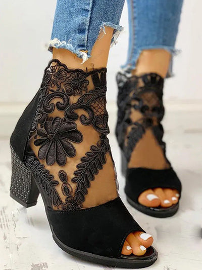 See Thru Mesh Embroidery Flower Leave Sandals Zipper Thick Heels Sandals