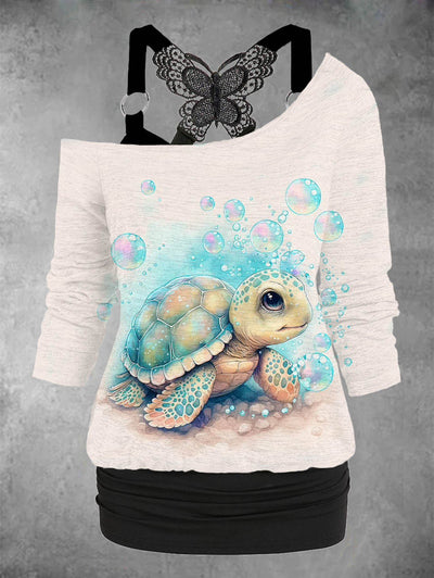 Women's sea turtle Print Lace Tank Top Two-Piece Set