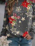 Women's Christmas Flower Round Neck Plaid Casual Sweatshirt