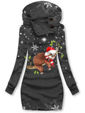 Women's Winter Christmas Sloth Print Casual Sports Hooded Dress