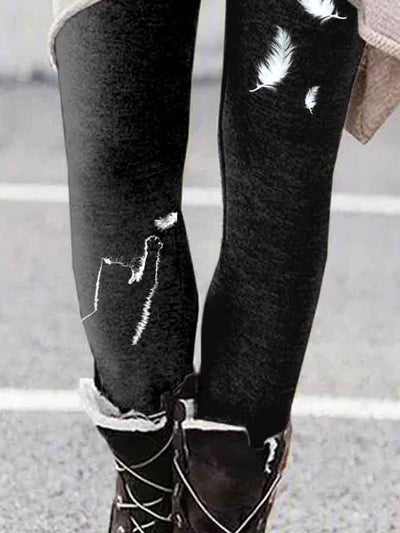 Women's Cat And Feather Art Casual Tight Leggings