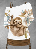 Women's Sloth Art Printing Dolman Sleeve Casual Two Piece Suit Top