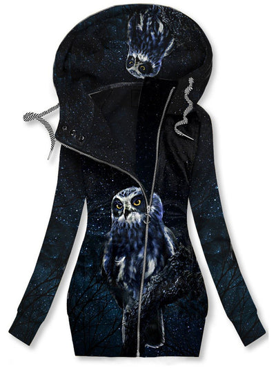 Women's Winter Owl Art Print Casual Track Jacket