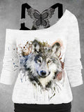 Women's Wolf Print Lace Tank Top Two-Piece Set