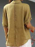 Ladies Solid Color Lapel Lace Splicing Design Casual Cotton And Linen Shirt