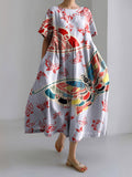 Japanese Art Butterfly Print Short Sleeve Loose Midi Dress