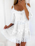 Casual Solid Color Loose Strapless Lace Dress White / S