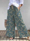 Elegant Vine Pattern Elastic Waist Pocket Cotton Linen Wide Leg Pants