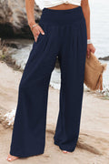 Fresh Air Linen Blend Pocketed Smocked Pants Navy Blue / S Bottom