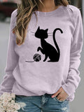 Round Neck Casual Loose Cat Print Sweatshirt Purple / Xs