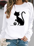 Round Neck Casual Loose Cat Print Sweatshirt White / Xs