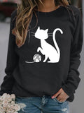 Round Neck Casual Loose Cat Print Sweatshirt Black / Xs