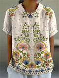 Tropical Floral Symmetrical Pattern Printed Women’s Casual Cotton And Linen Shirt Multicolor / S